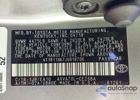 2018 Toyota Camry Se z USA, uszkodzony, nr VIN 4T1B11HK7JU616706